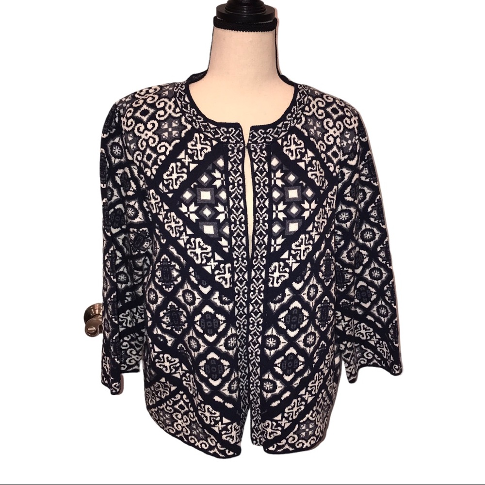 Atmosphere Cardigan Sweater Blue Open Front Geometric Print Blue White Size LG